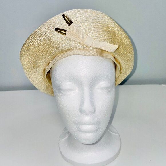 Vintage Favorette Womens Beret Hat Beige Straw Church Dress Up Theatre Party main image 5